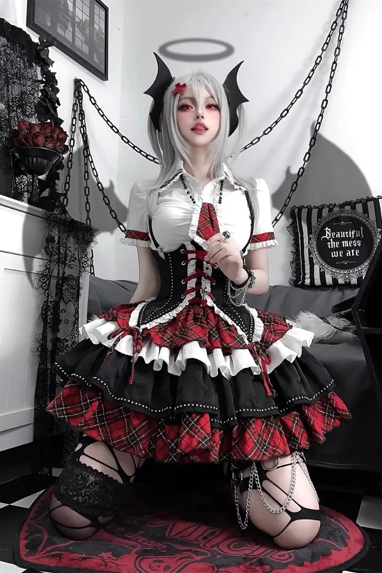 Red/White/Black Multi-layer Ruffle Opera Rock Girl Gothic Lolita Strap Dress Set