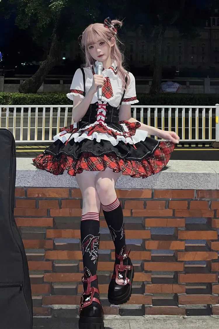 Red/White/Black Multi-layer Ruffle Opera Rock Girl Gothic Lolita Strap Dress Set