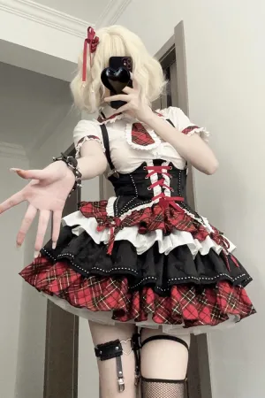 Red/White/Black Multi-layer Ruffle Opera Rock Girl Gothic Lolita Strap Dress Set