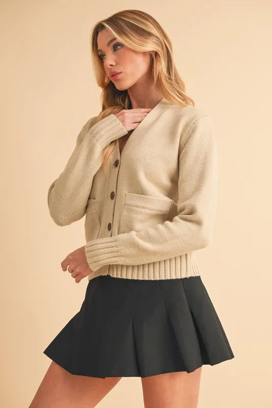 Ribbed Hem Button Down V-Neck Cardigan