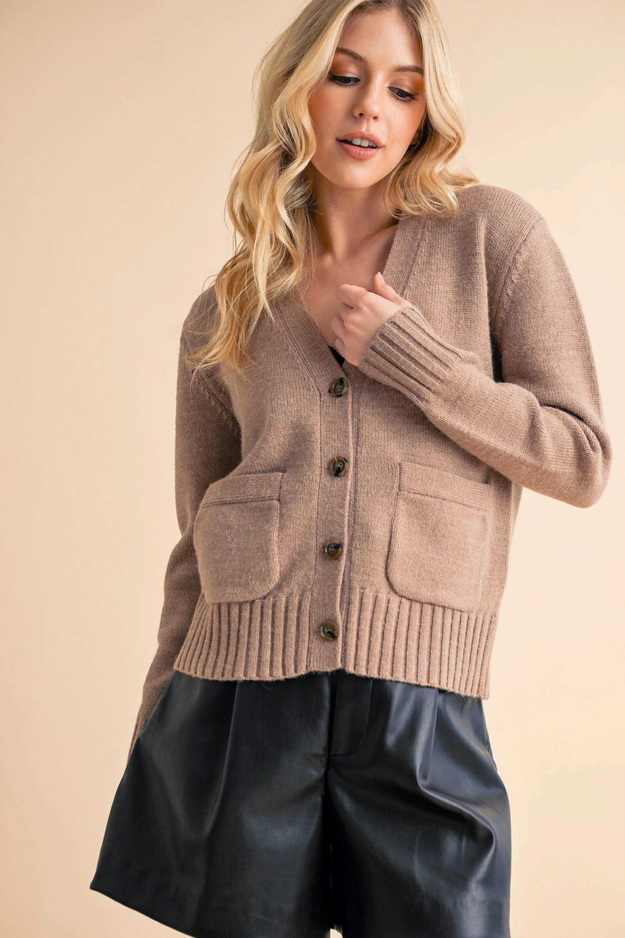 Ribbed Hem Button Down V-Neck Cardigan
