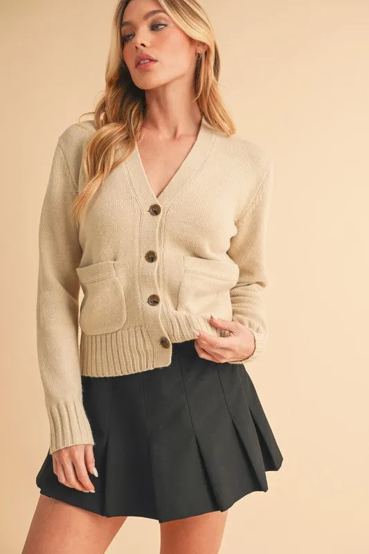 Ribbed Hem Button Down V-Neck Cardigan