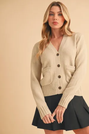 Ribbed Hem Button Down V-Neck Cardigan