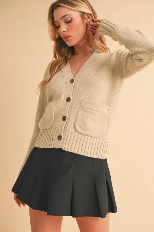 Ribbed Hem Button Down V-Neck Cardigan