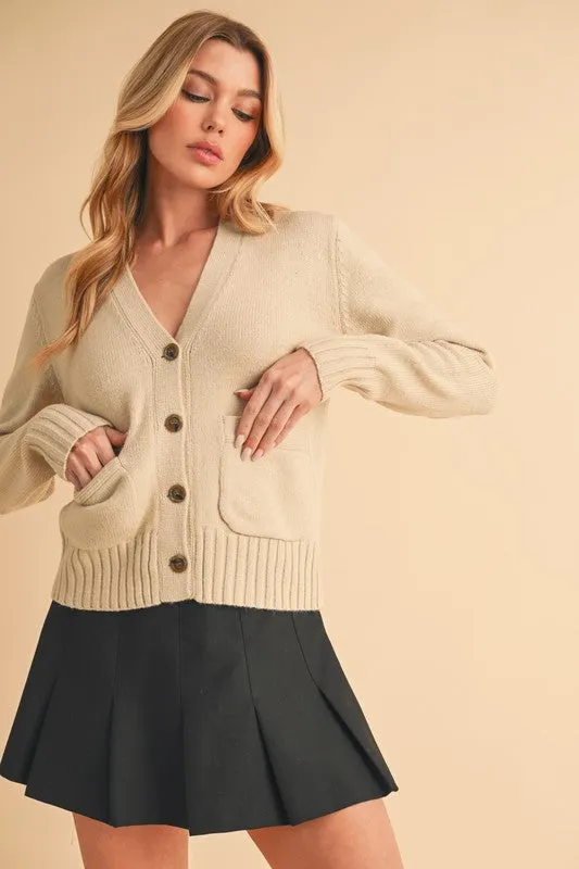 Ribbed Hem Button Down V-Neck Cardigan