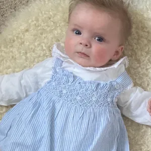 Romper Blue Smocked with pink or white rosebuds