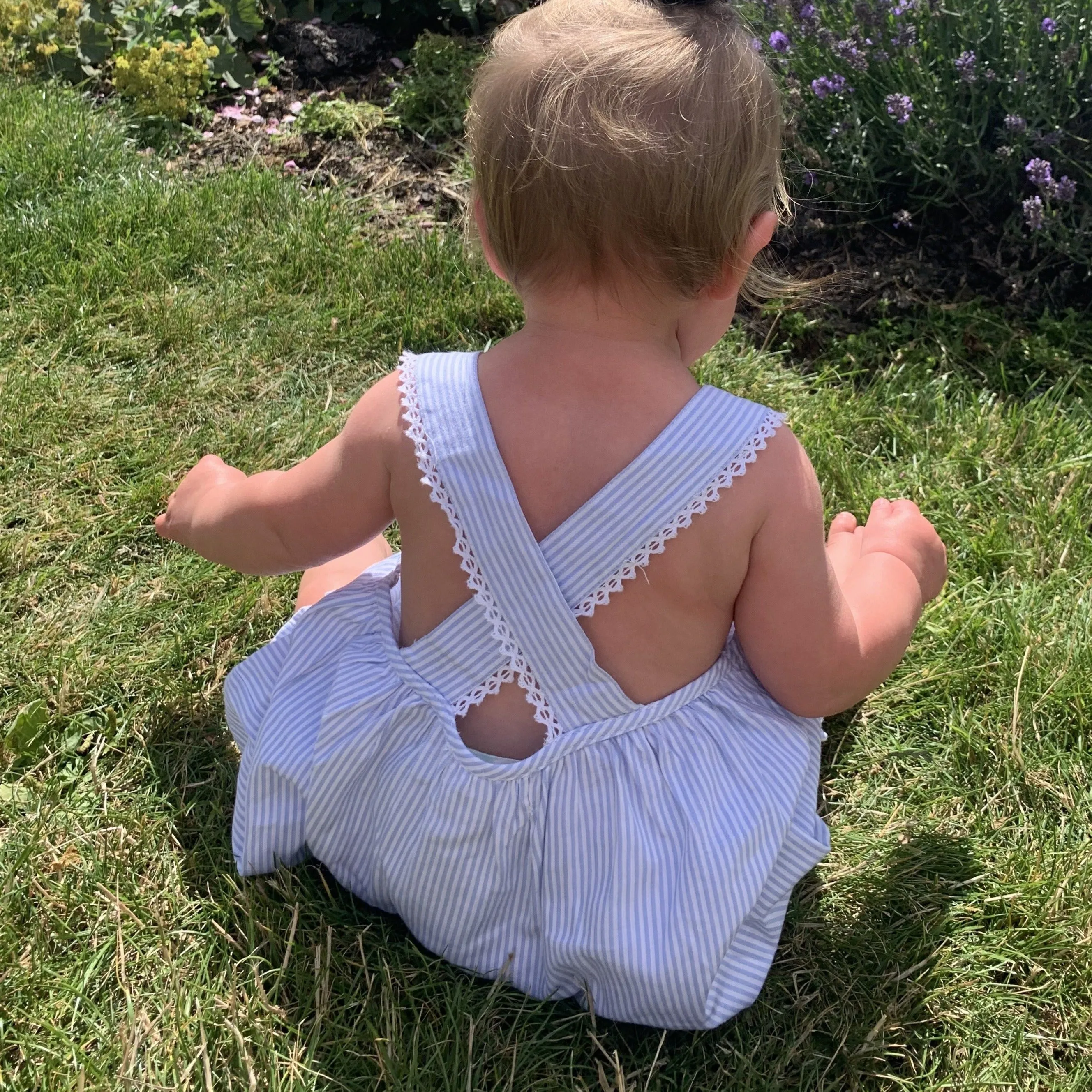 Romper Blue Smocked with pink or white rosebuds