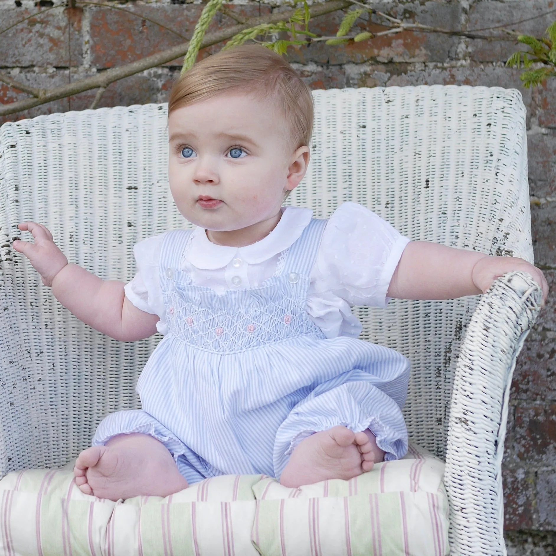 Romper Blue Smocked with pink or white rosebuds