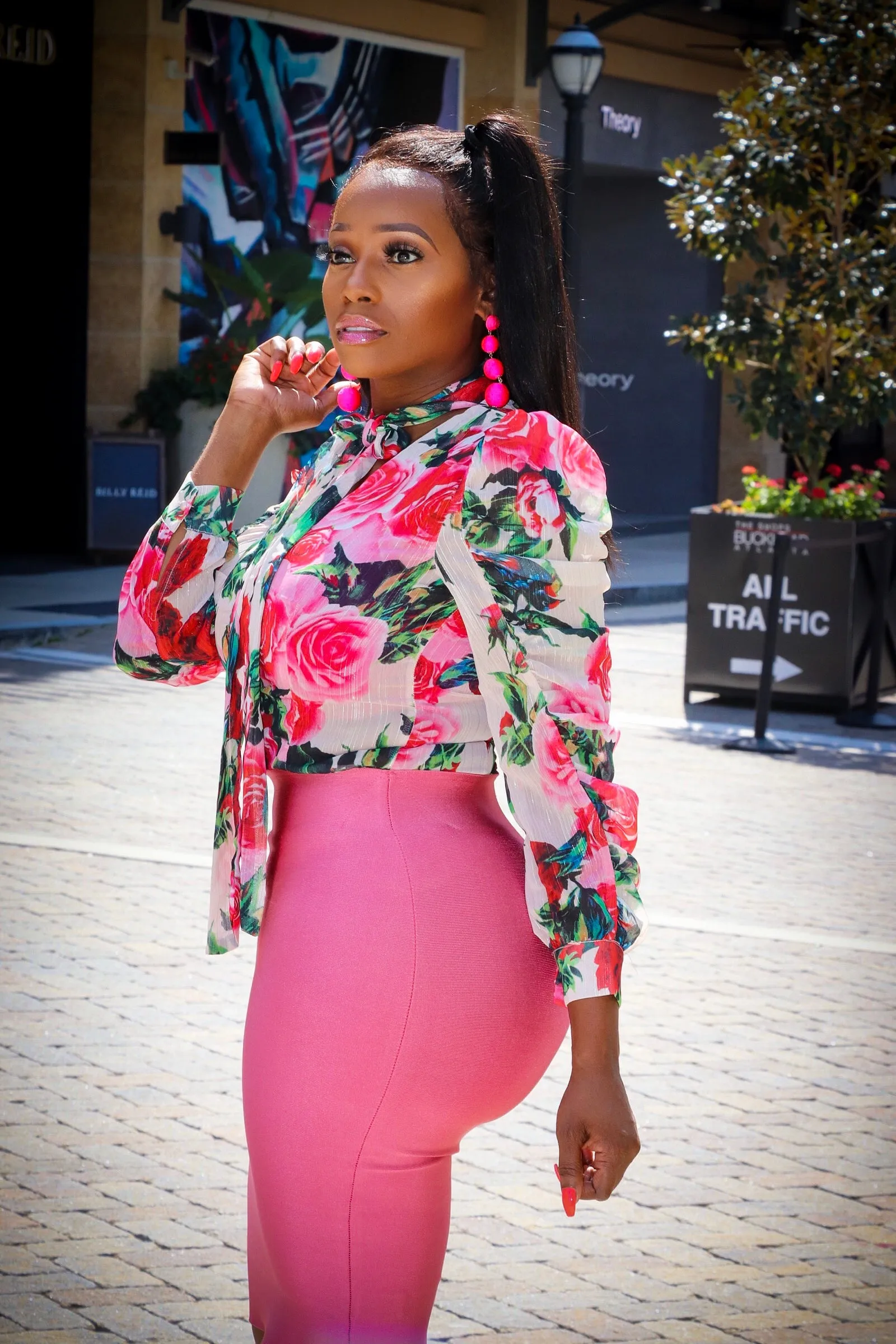 Rose Pink Multi Color Floral Print Neck Tie Blouse