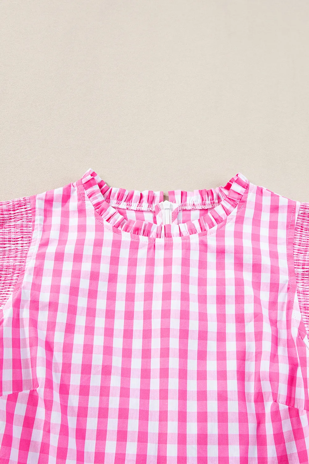 Rose Red Checkered Ruffled Sleeve Frilled Neck Blouse