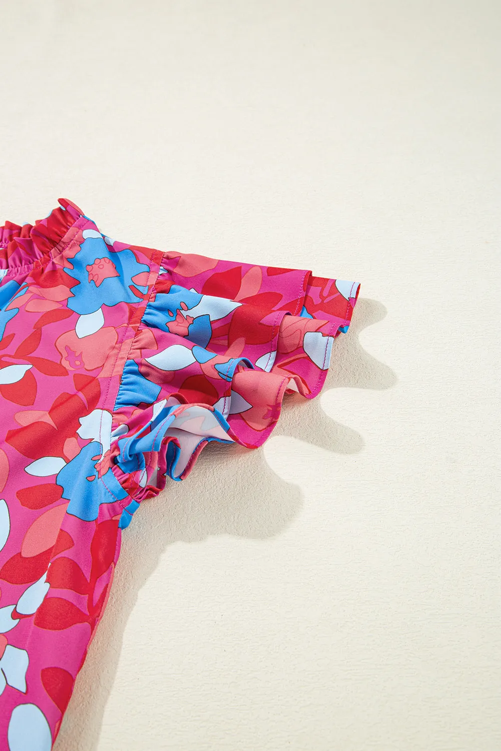 Rose Red Ruffled Sleeve Floral Blouse