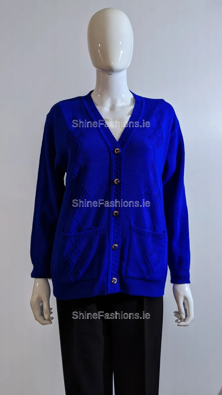 Royal Blue V-Neck Diamond Design Cardigan with Pockets