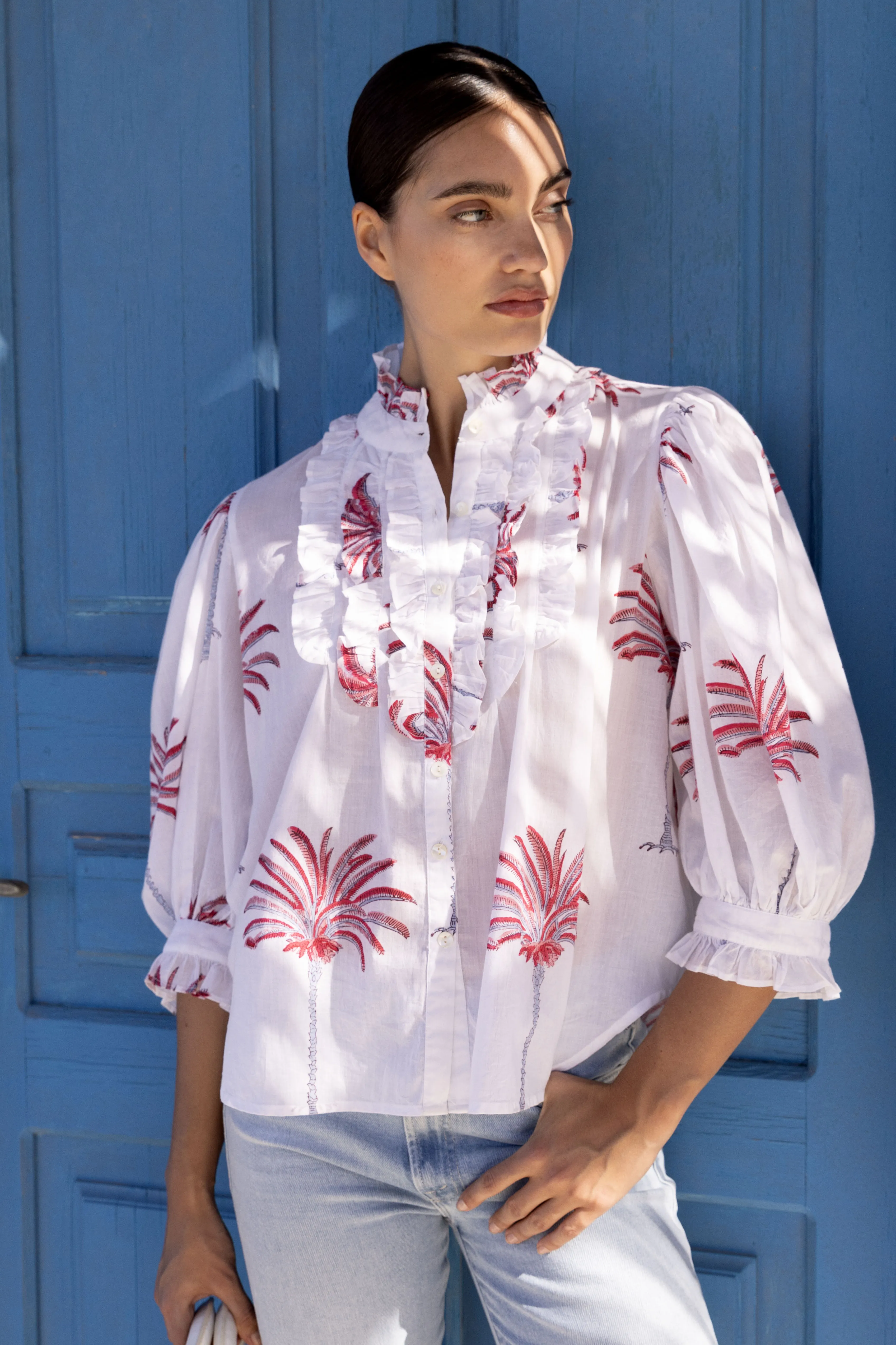 Ruffle Front Button Blouse- Canary Coral