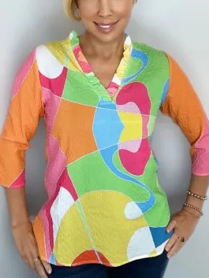 Ruffle Neck 3/4 Sleeve Top -  Multi FINAL SALE