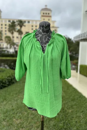 Ruffle Neck Cotton Blouse in Emerald