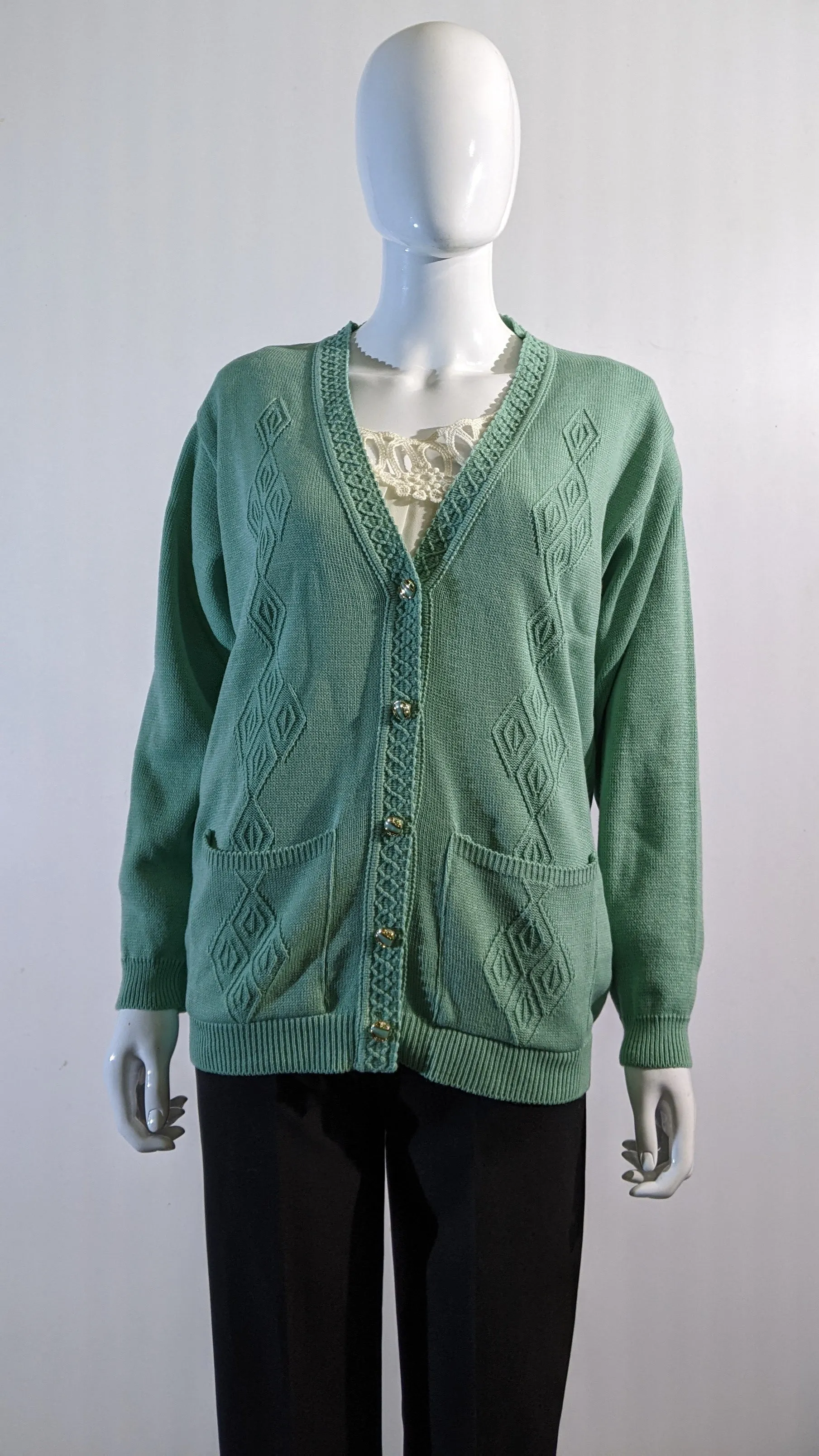 Sage Green V-Neck Diamond Design Cardigan with Pockets