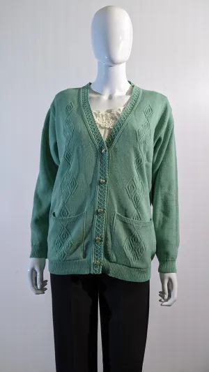 Sage Green V-Neck Diamond Design Cardigan with Pockets