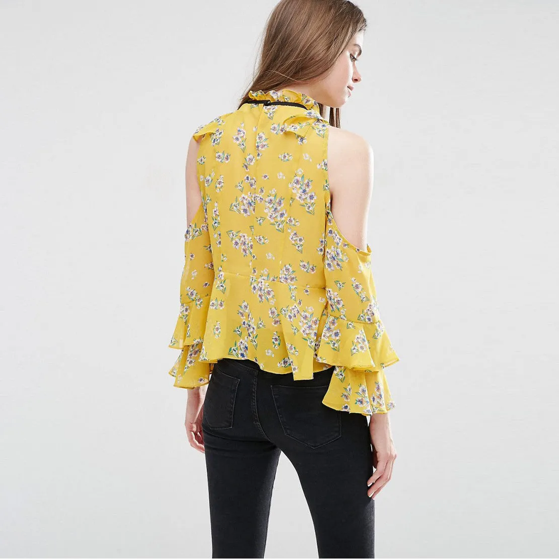 Samantha Yellow Floral Long Sleeve Ruffle Blouse