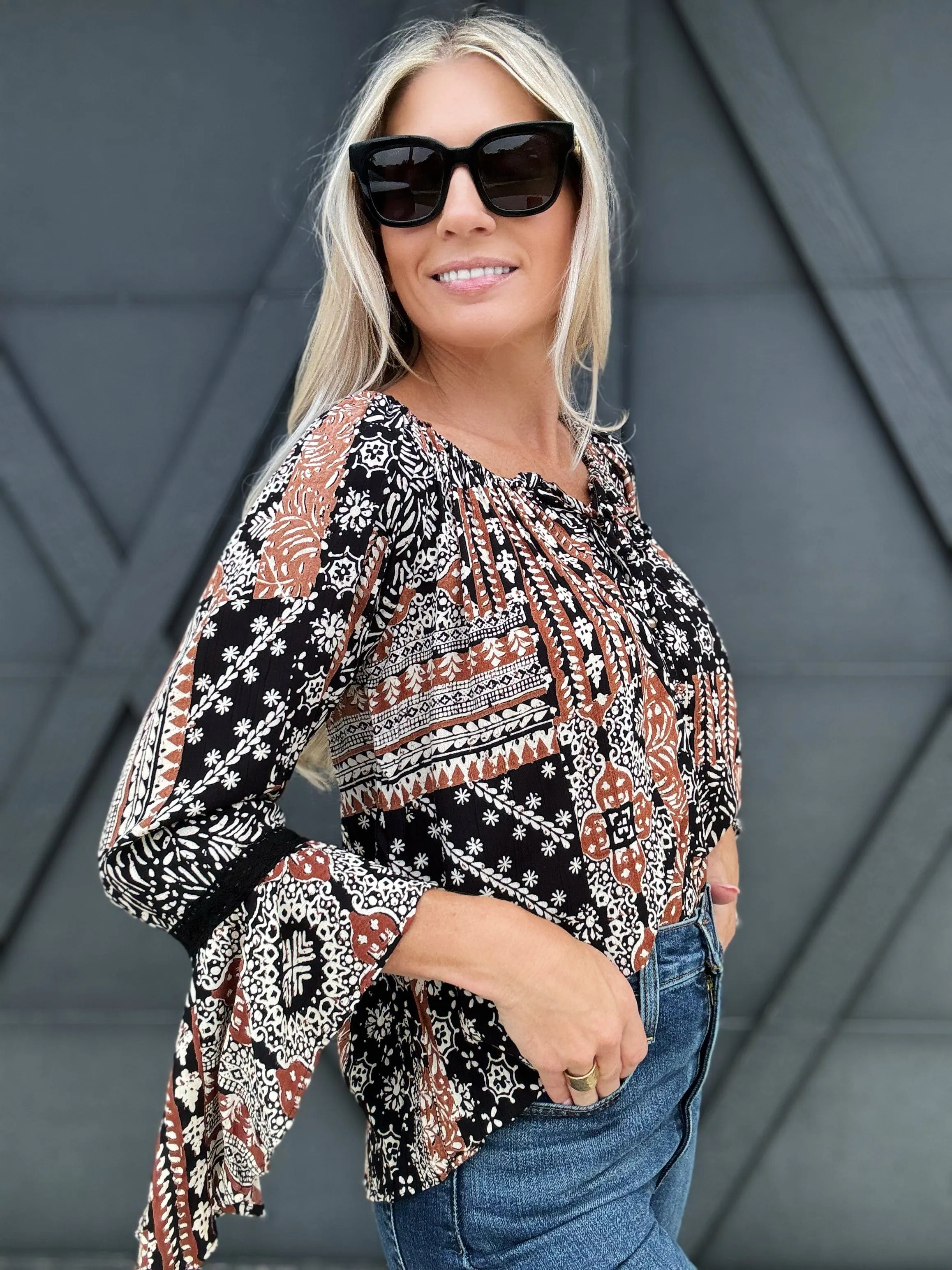 Scoop Neck Ruffle Blouse In Black