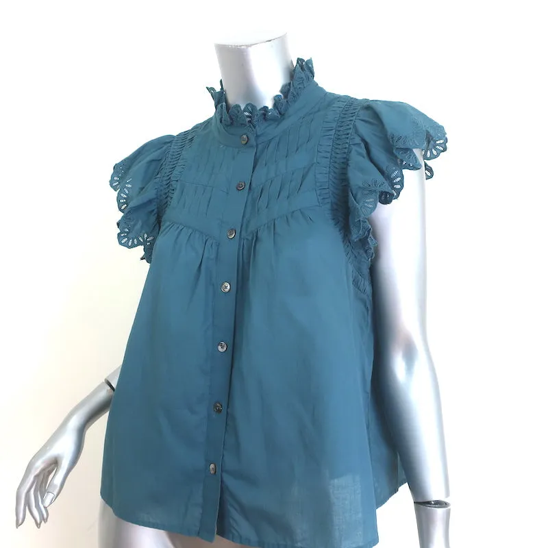 SEA Adrienne Embroidered-Trim Top Teal Cotton Size Medium Button-Up Blouse