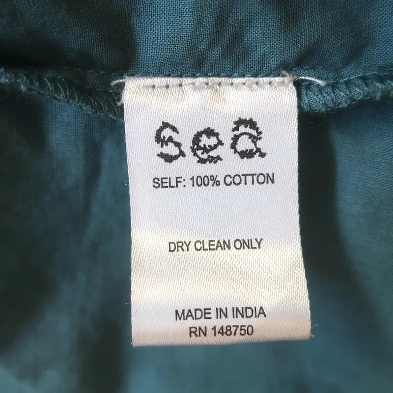 SEA Adrienne Embroidered-Trim Top Teal Cotton Size Medium Button-Up Blouse