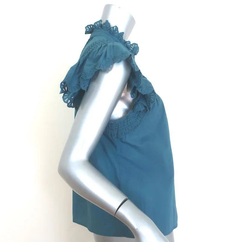 SEA Adrienne Embroidered-Trim Top Teal Cotton Size Medium Button-Up Blouse