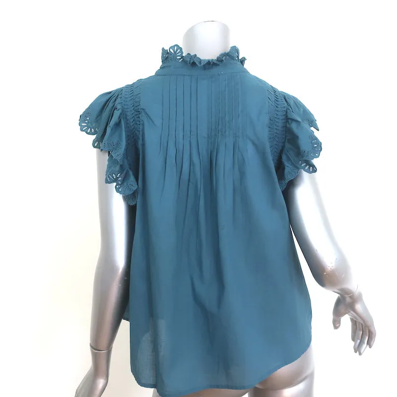 SEA Adrienne Embroidered-Trim Top Teal Cotton Size Medium Button-Up Blouse