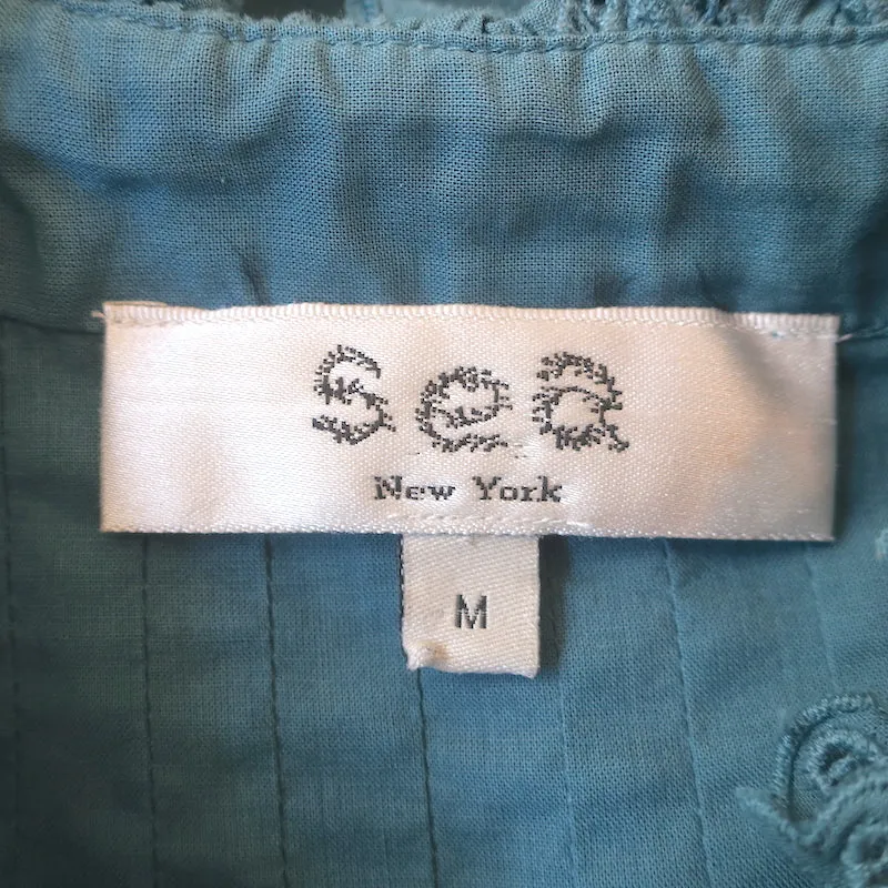 SEA Adrienne Embroidered-Trim Top Teal Cotton Size Medium Button-Up Blouse