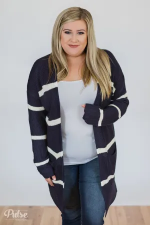 Seasons Go By Striped Knit Cardigan- Navy