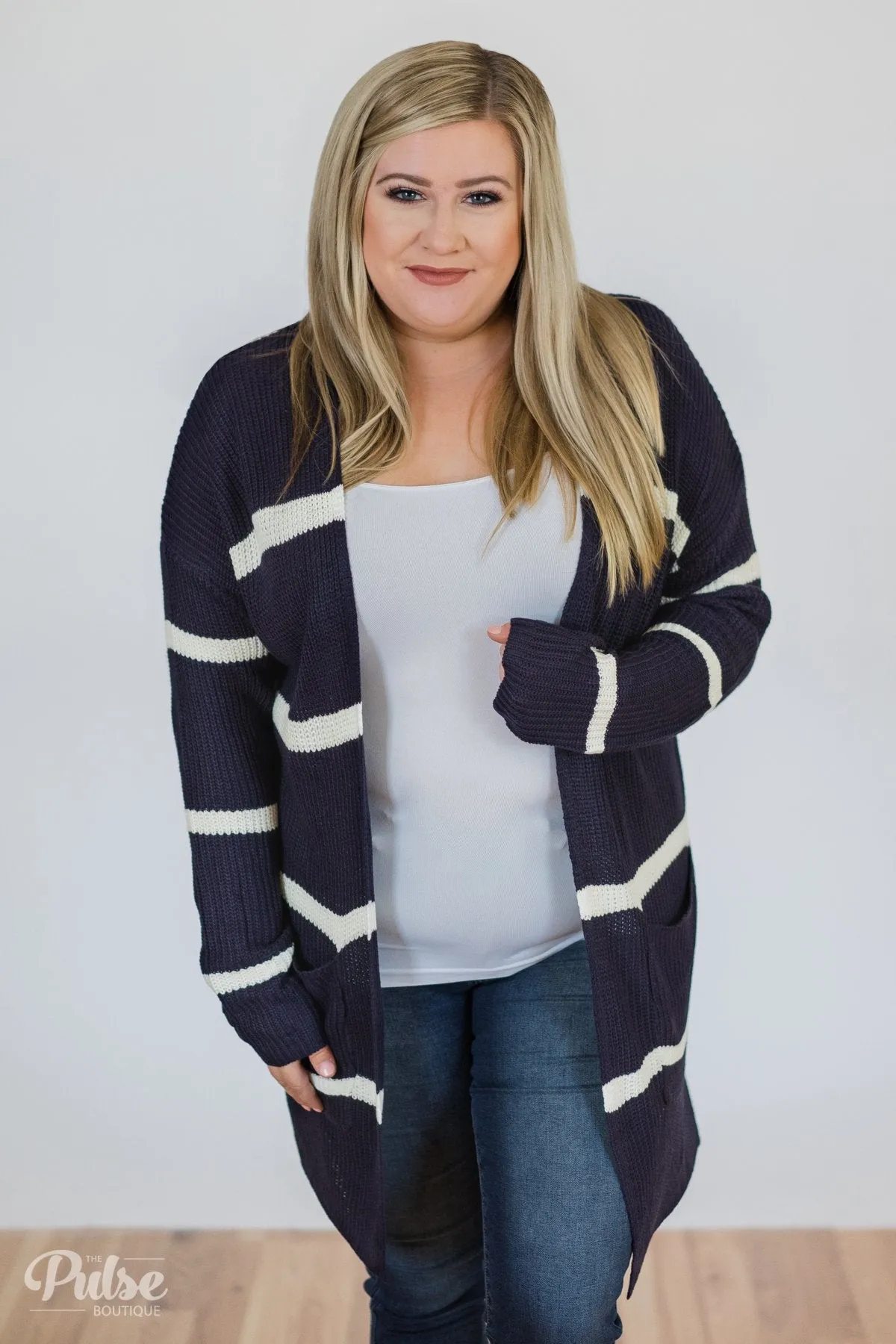 Seasons Go By Striped Knit Cardigan- Navy