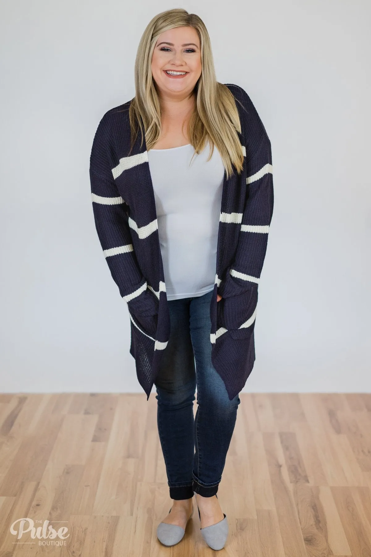 Seasons Go By Striped Knit Cardigan- Navy