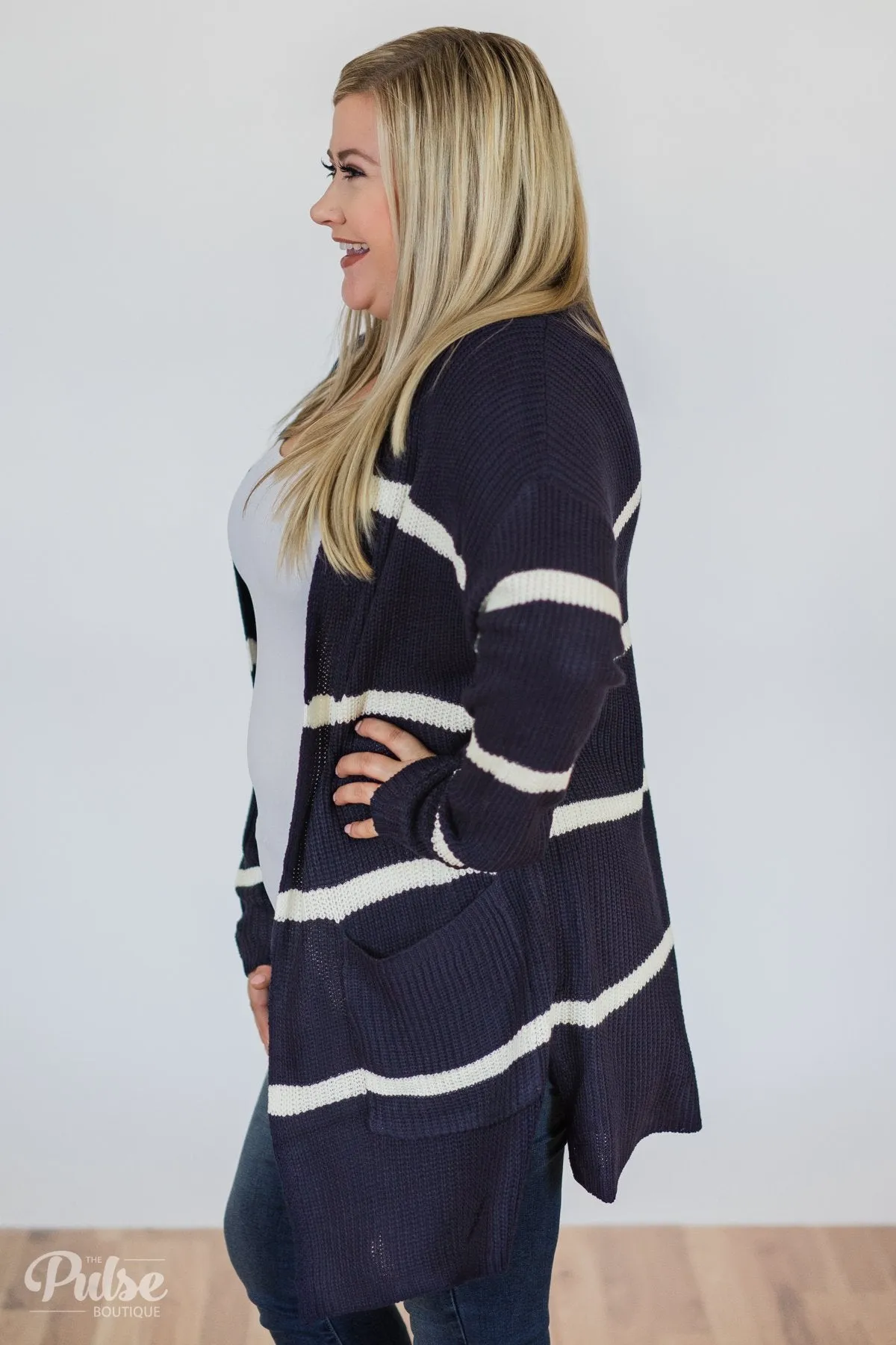 Seasons Go By Striped Knit Cardigan- Navy