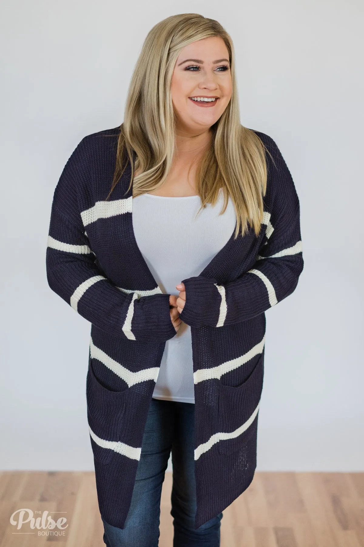 Seasons Go By Striped Knit Cardigan- Navy