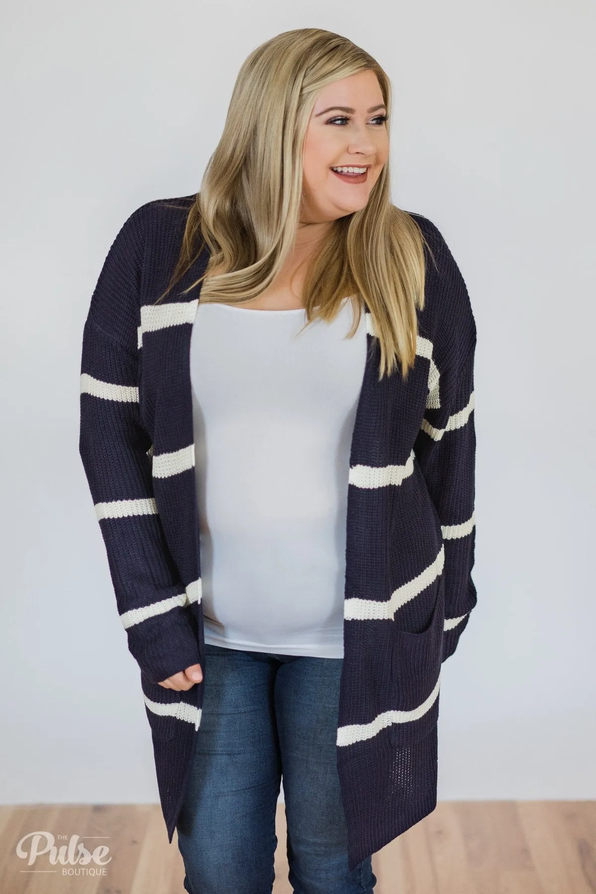 Seasons Go By Striped Knit Cardigan- Navy