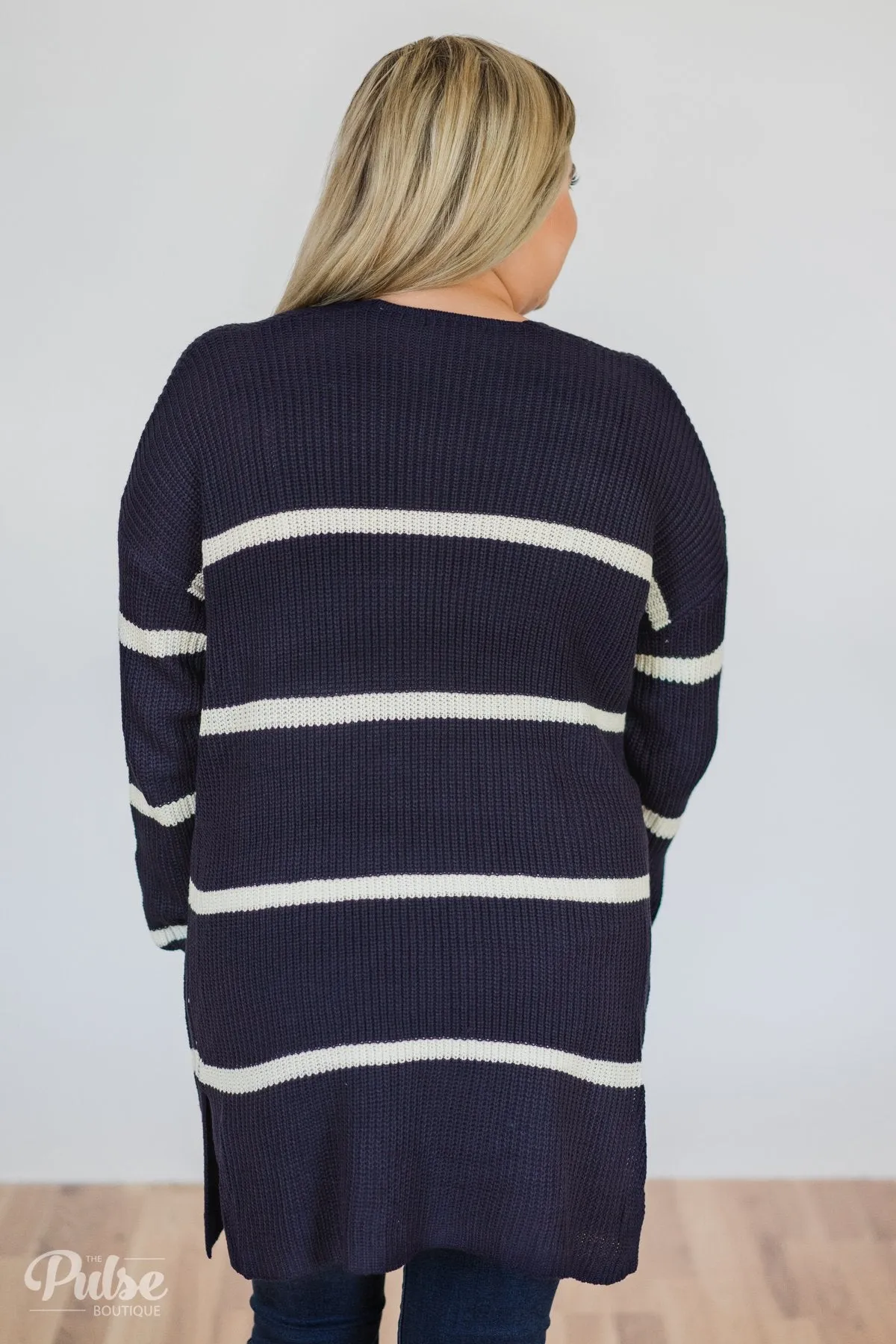 Seasons Go By Striped Knit Cardigan- Navy