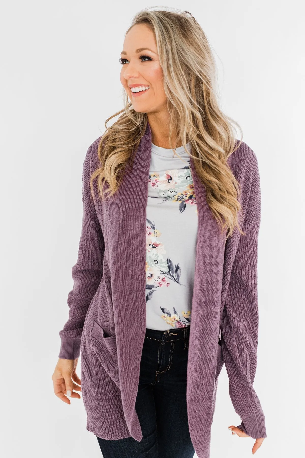 Share The Love Knit Cardigan- Dusty Eggplant