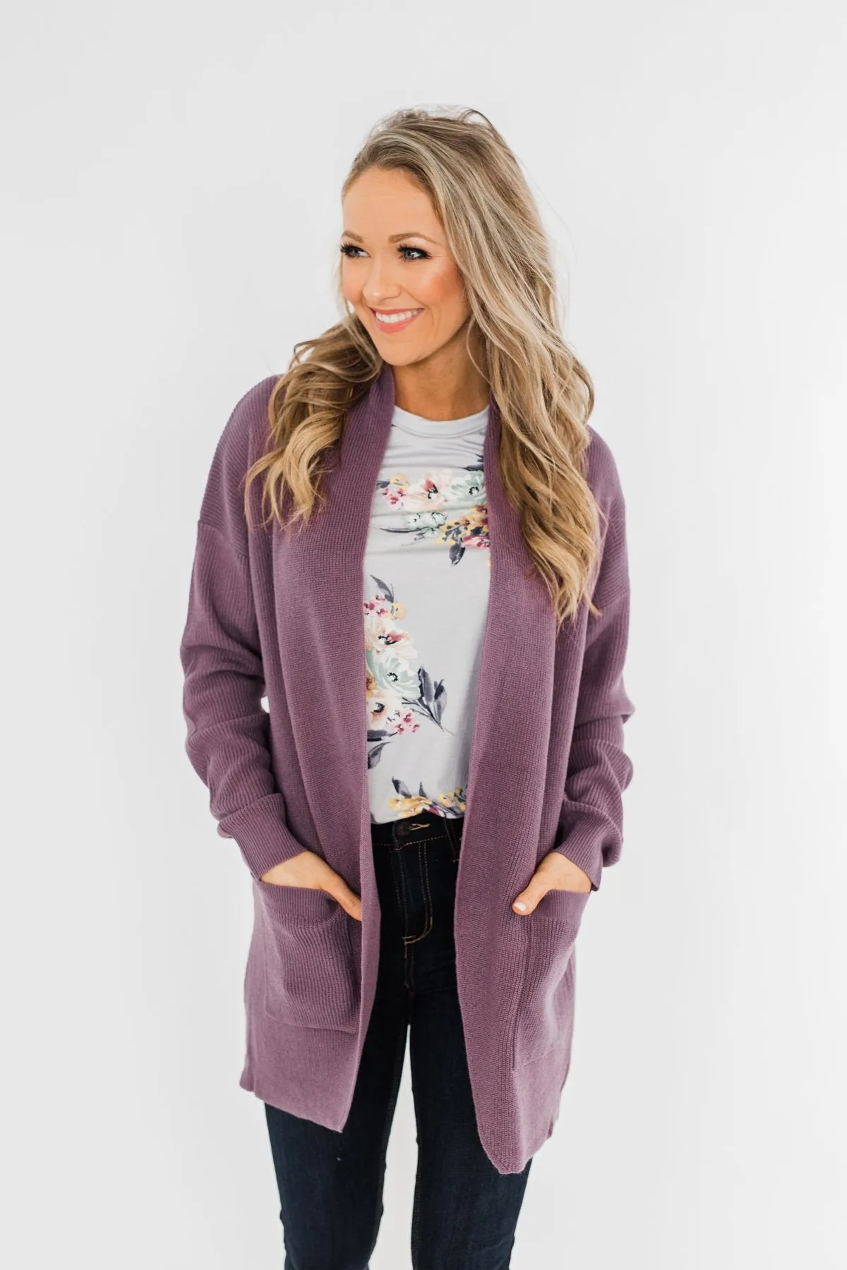 Share The Love Knit Cardigan- Dusty Eggplant
