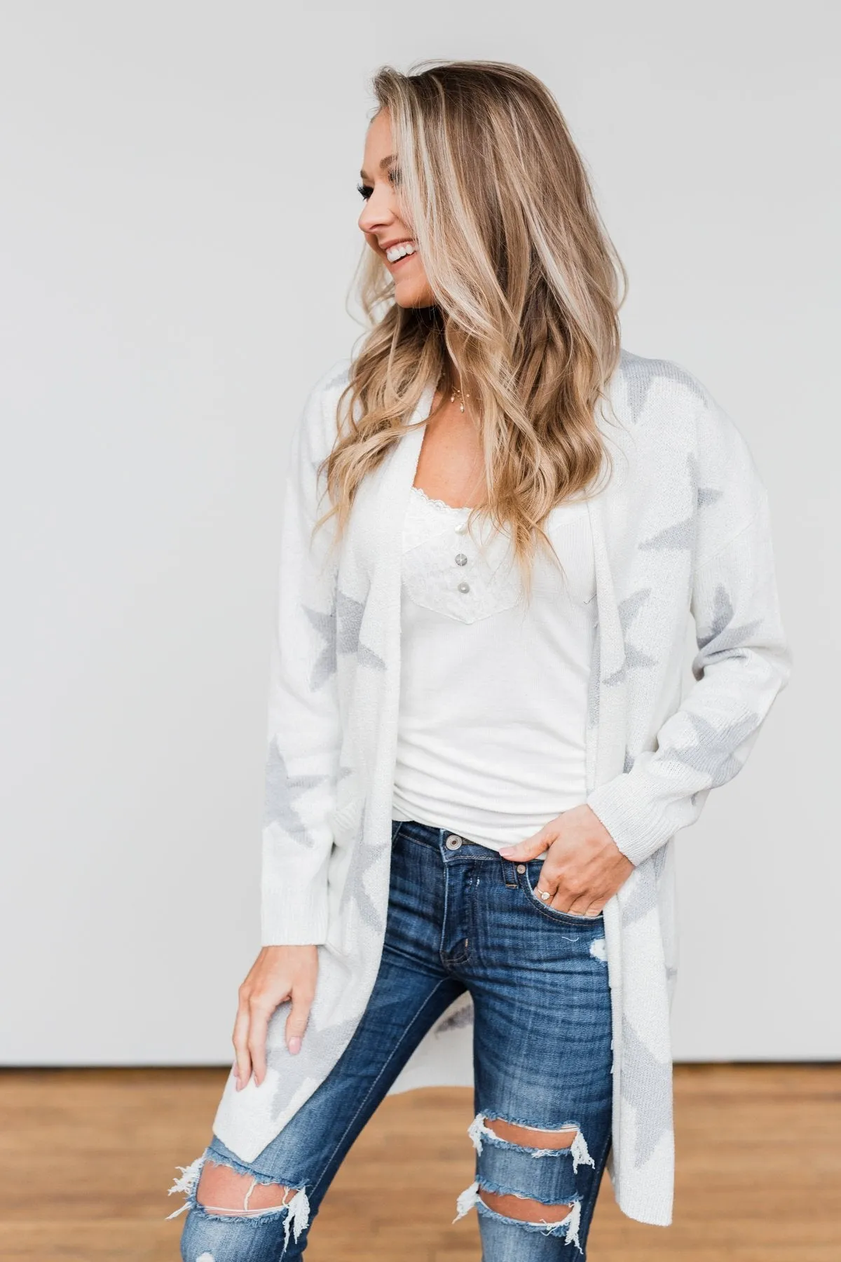 Shoot For The Stars Knit Cardigan- Ivory & Grey