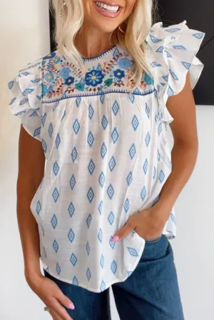 Sky Blue Geometic Print Floral Embroidered Ruffle Short Sleeve Blouse