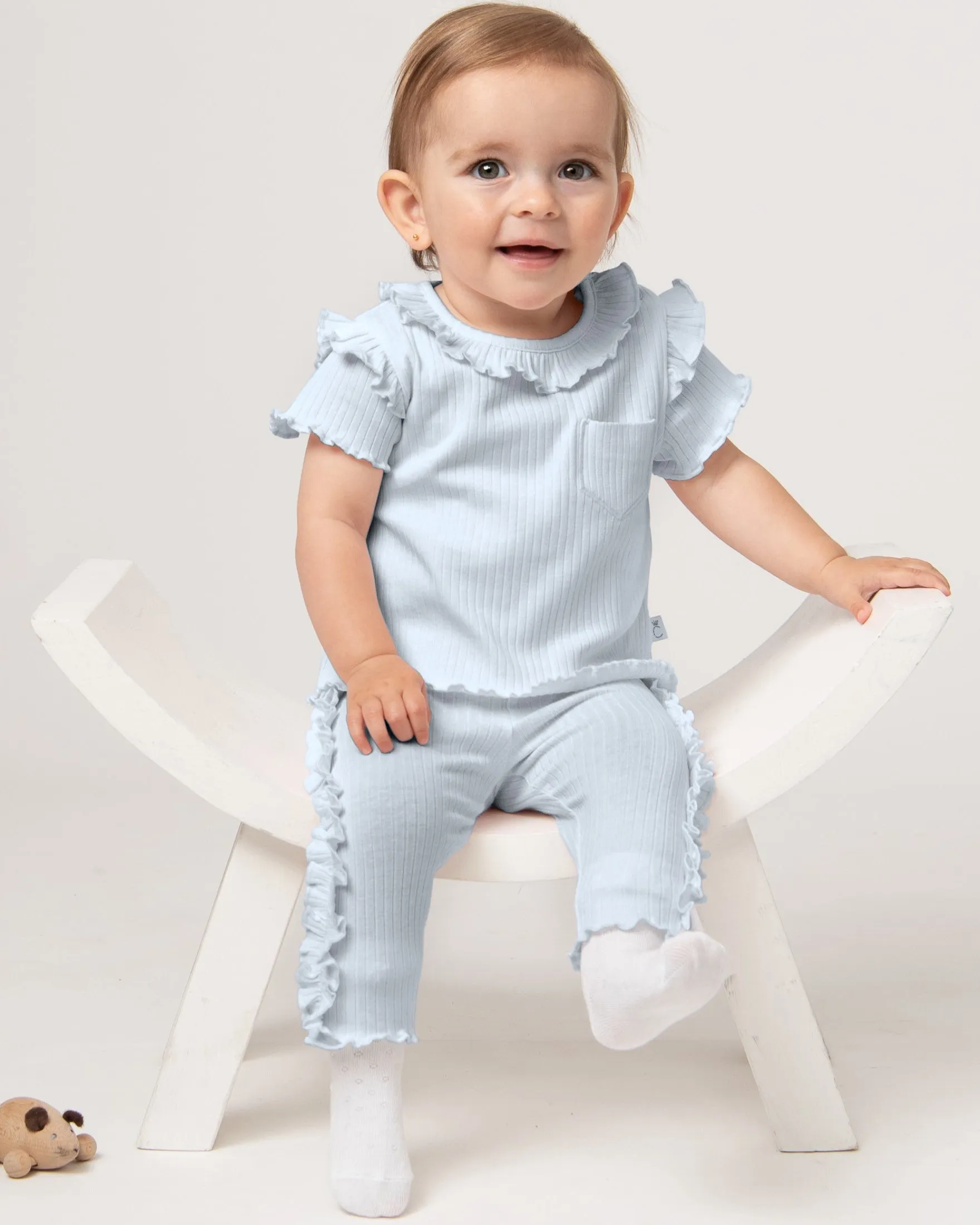 Sky Blue Ribbed Frill Three Piece Legging Set