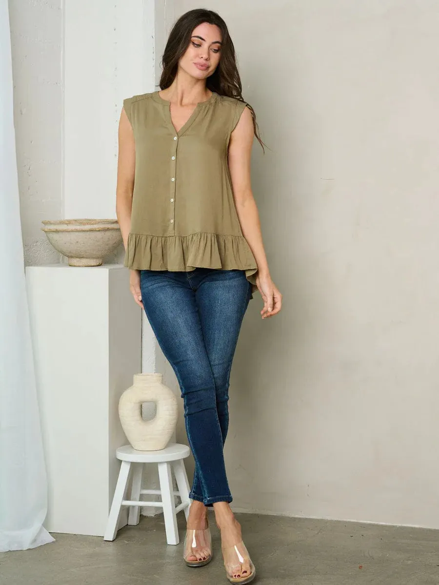 SLEEVELESS BUTTON UP RUFFLE TUNIC TOP