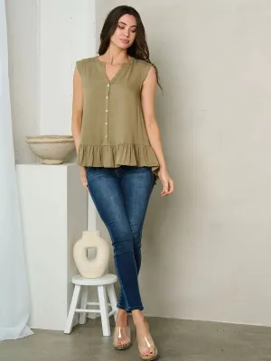 SLEEVELESS BUTTON UP RUFFLE TUNIC TOP