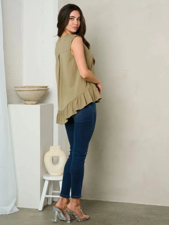 SLEEVELESS BUTTON UP RUFFLE TUNIC TOP