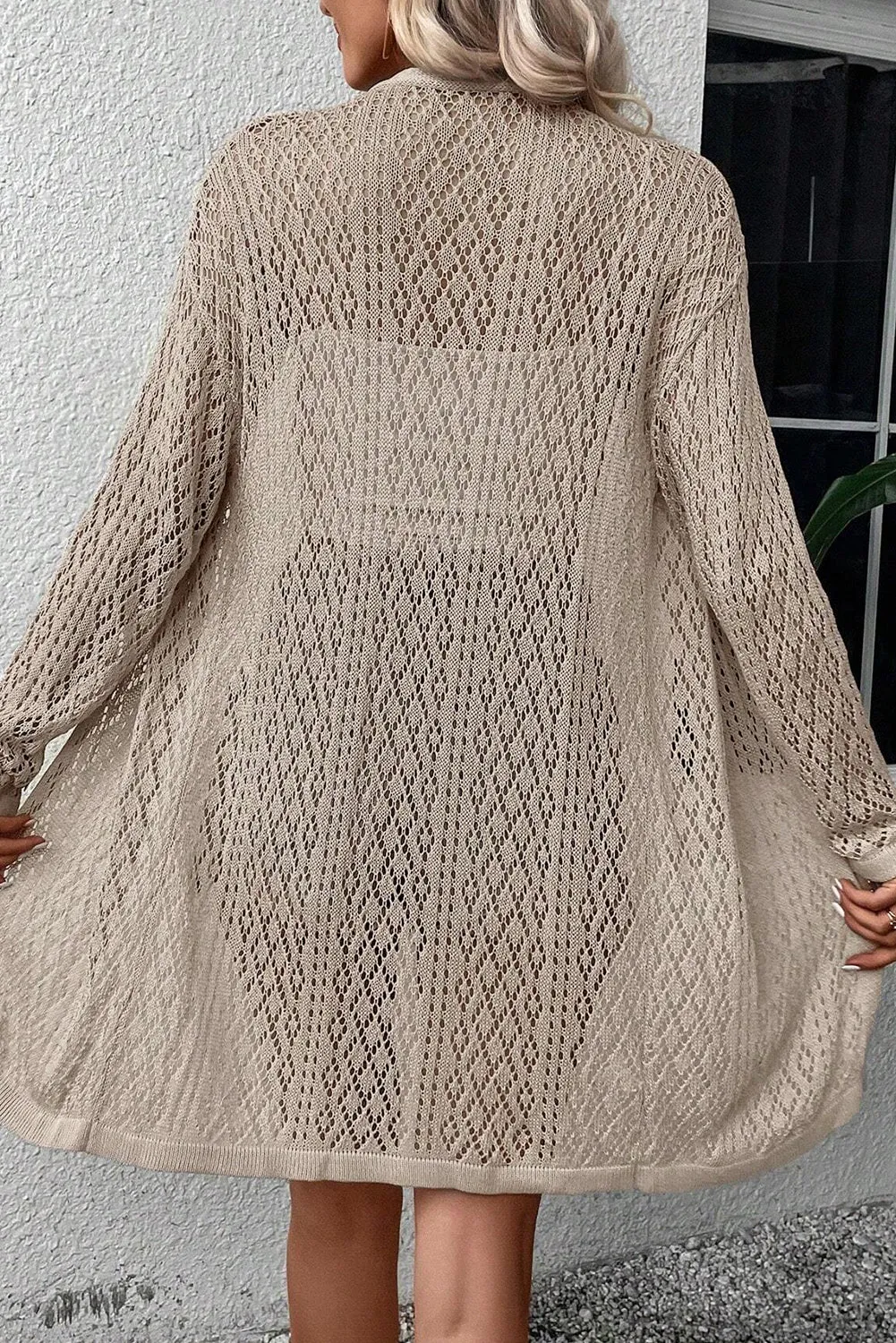 Smoke Gray Solid Color Pointelle Knit Open Cardigan