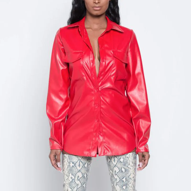 Solid Button Detailed PU Blouse