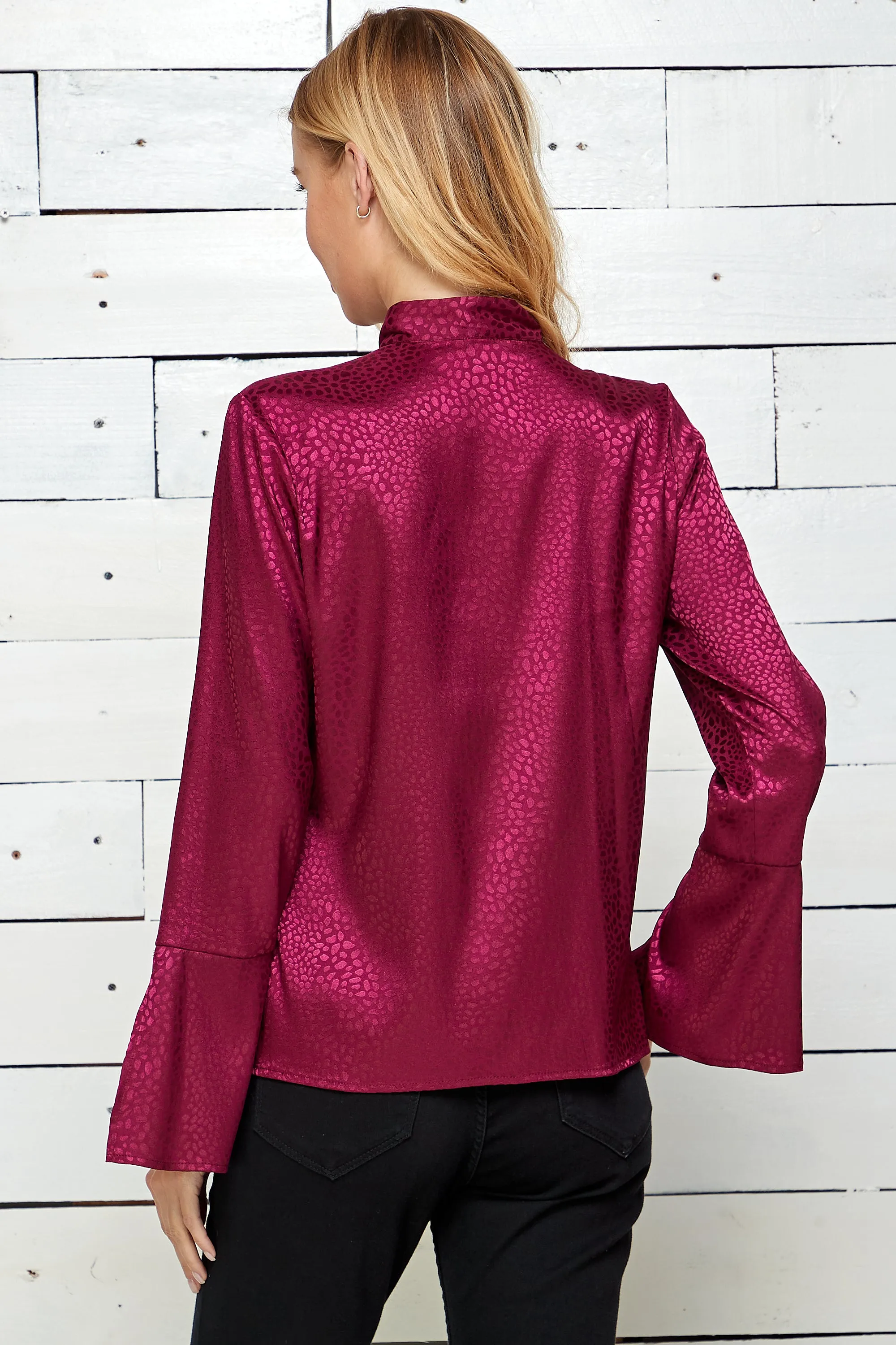 Split Long Sleeve Button Front Tie Neck Top