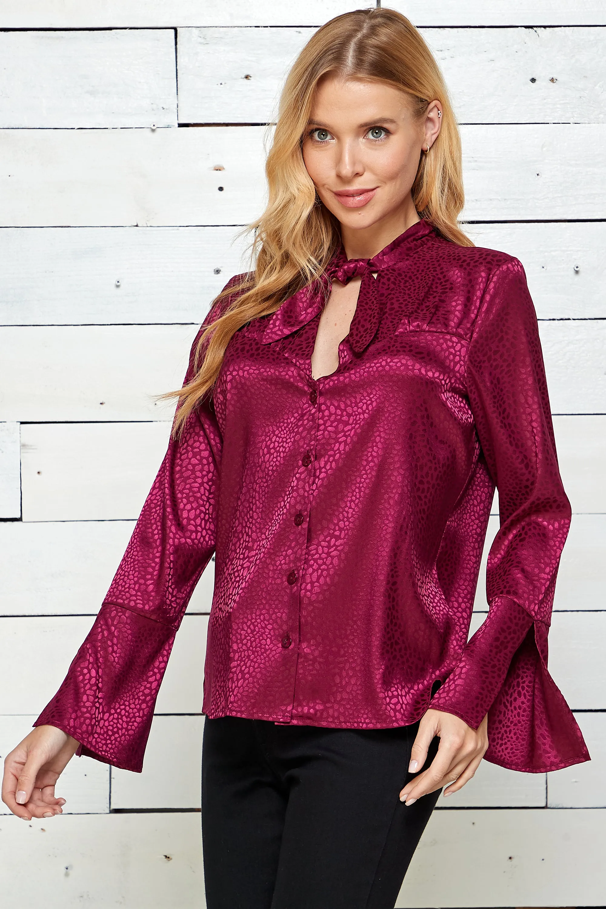 Split Long Sleeve Button Front Tie Neck Top