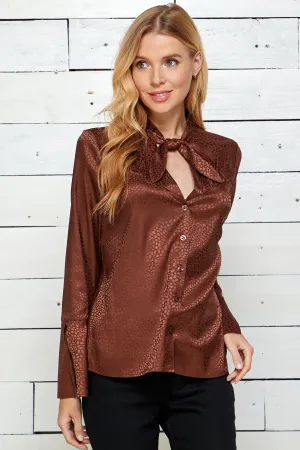 Split Long Sleeve Button Front Tie Neck Top
