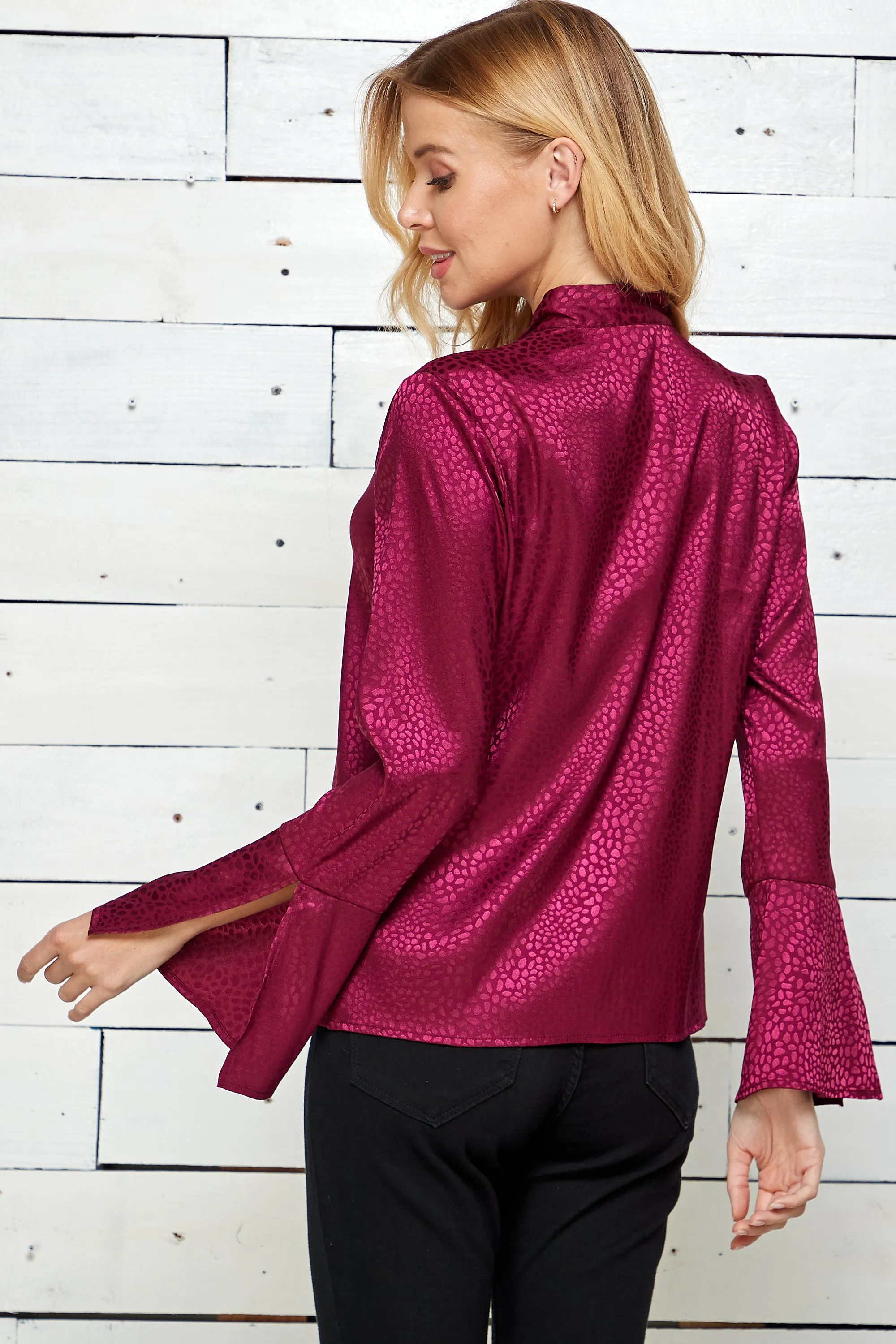Split Long Sleeve Button Front Tie Neck Top