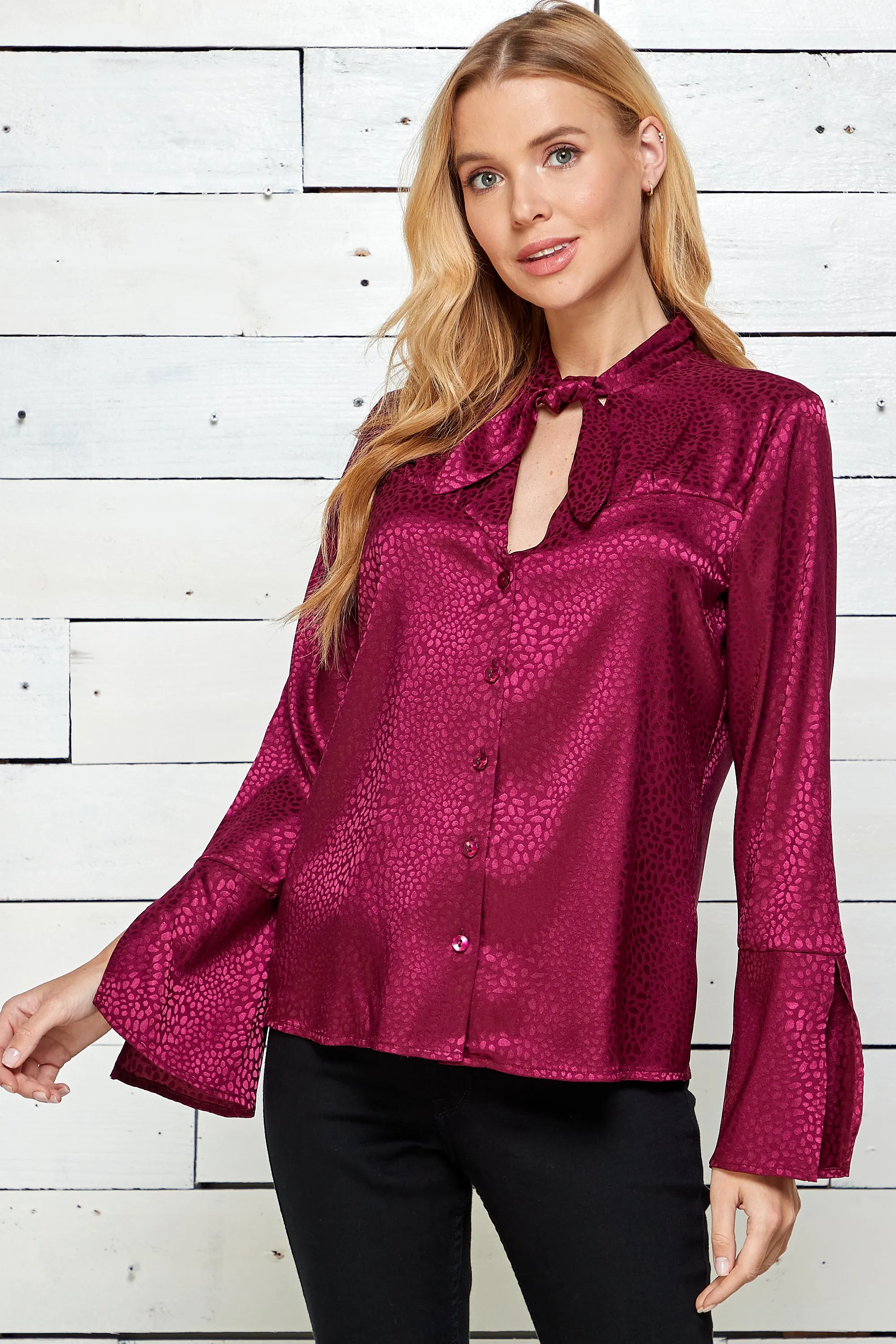 Split Long Sleeve Button Front Tie Neck Top